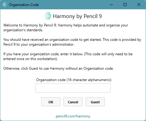 Harmony Organization code screen