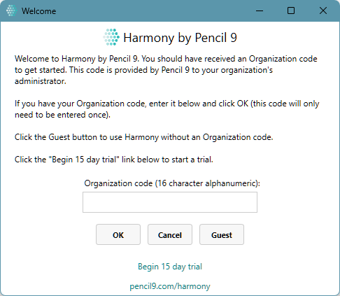 Harmony Organization code screen